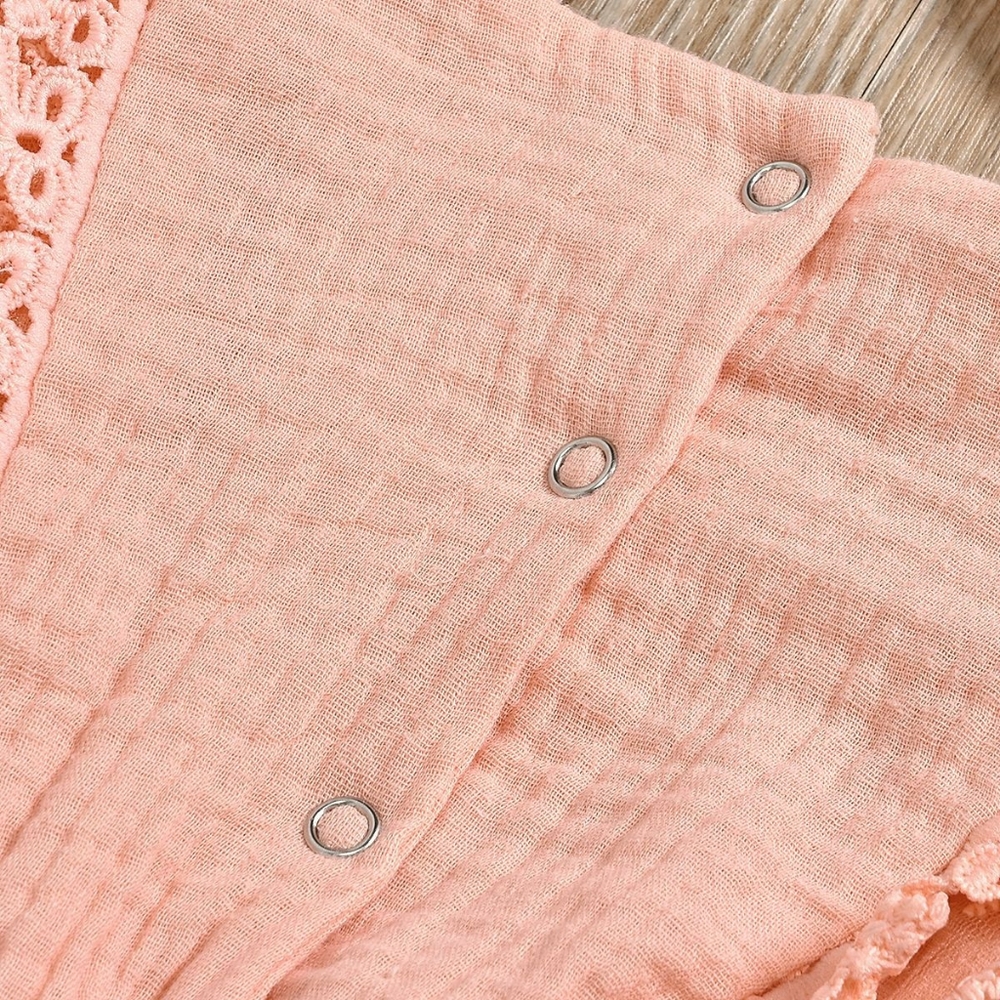 Coral Pink Long Sleeve Lace Muslin Baby Onesie & Matching Bow - Picture 4 of 8